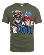 Sarcastic Red White And Feral Raccoon Patriotic Graphic Tee - military green t-shirt on white background