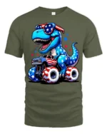 Patriotic Dinosaur Riding Monster Truck 4th Of July Tee - military green t-shirt on white background