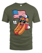 Festive USA Hot Dog American Flag Patriotic Graphic Tee - military green t-shirt on white background