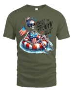 Chill Fourth Out Skeleton Pool Float Patriotic Graphic Tee - military green t-shirt on white background