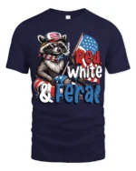 Sarcastic Red White And Feral Raccoon Patriotic Graphic Tee - navy t-shirt on white background