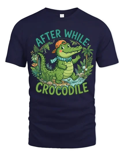 Friendly Tropical Crocodile After While Cartoon Graphic Tee - navy t-shirt on white background