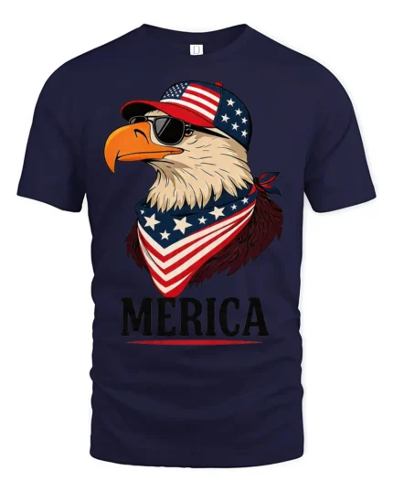 Patriotic Aviator Bald Eagle Merica USA Flag Graphic Tee - navy t-shirt on white background