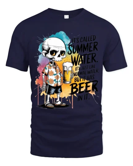 Funny Summer Water Skeleton Beer Floral Hawaiian Shirt Tshirt - navy t-shirt on white background