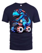 Patriotic Dinosaur Riding Monster Truck 4th Of July Tee - navy t-shirt on white background
