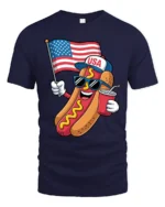 Festive USA Hot Dog American Flag Patriotic Graphic Tee - navy t-shirt on white background