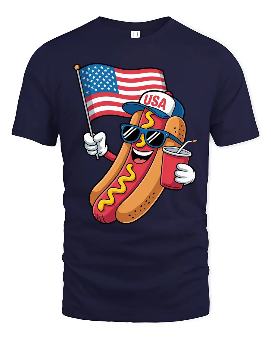 Festive USA Hot Dog American Flag Patriotic Graphic Tee - 1 Festive USA Hot Dog American Flag Patriotic Graphic Tee - navy t-shirt on white background
