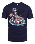 Chill Fourth Out Skeleton Pool Float Patriotic Graphic Tee - navy t-shirt on white background
