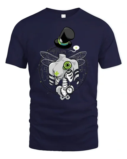 Steampunk Dragonfly Skeleton Top Hat Pocket Watch Tshirt - navy t-shirt on white background