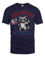 Feral But Free Raccoon American Flag Patriotic Tshirt - navy t-shirt on white background