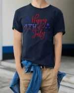 Festive Happy 4th Of July Script Font Sparkler Graphic Tee - model wearing navy tee with hands in pockets