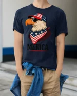 Patriotic Aviator Bald Eagle Merica USA Flag Graphic Tee - model wearing navy tee with hands in pockets