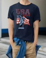 Patriotic Statue Of Liberty USA Freedom National Pride Tee - model wearing navy tee with hands in pockets