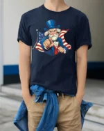 Iconic Uncle Sam Wants You Patriotic Flag Graphic Tshirt - model wearing navy tee with hands in pockets