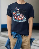 Chill Fourth Out Skeleton Pool Float Patriotic Graphic Tee - model wearing navy tee with hands in pockets