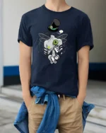 Steampunk Dragonfly Skeleton Top Hat Pocket Watch Tshirt - model wearing navy tee with hands in pockets