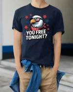 Witty Bald Eagle Star Spangled Banner Graphic T shirt - model wearing navy tee with hands in pockets