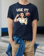Retro Pop Art Use It Mind Intelligent Thinker Graphic Tee - model wearing navy tee with hands in pockets
