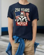 Patriotic Gorilla American Flag 250 Years ‘Merica Tshirt - model wearing navy tee with hands in pockets
