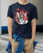 Festive Lady Liberty Red Solo Cup Patriotic Holiday Tee - model wearing navy tee with hands in pockets
