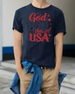 Patriotic God Bless The USA Lady Liberty Graphic Tshirt - model wearing navy tee with hands in pockets