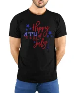 Festive Happy 4th Of July Script Font Sparkler Graphic Tee - model wearing black tee with hands behind back
