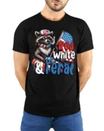 Sarcastic Red White And Feral Raccoon Patriotic Graphic Tee - model wearing black tee with hands behind back