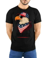 Patriotic Aviator Bald Eagle Merica USA Flag Graphic Tee - model wearing black tee with hands behind back