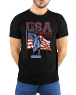 Patriotic Statue Of Liberty USA Freedom National Pride Tee - model wearing black tee with hands behind back