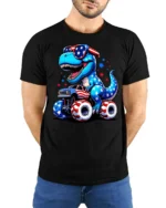 Patriotic Dinosaur Riding Monster Truck 4th Of July Tee - model wearing black tee with hands behind back