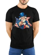 Iconic Uncle Sam Wants You Patriotic Flag Graphic Tshirt - model wearing black tee with hands behind back
