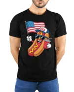 Festive USA Hot Dog American Flag Patriotic Graphic Tee - model wearing black tee with hands behind back