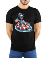 Chill Fourth Out Skeleton Pool Float Patriotic Graphic Tee - model wearing black tee with hands behind back