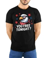 Witty Bald Eagle Star Spangled Banner Graphic T shirt - model wearing black tee with hands behind back