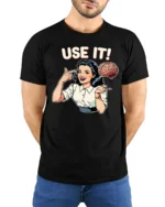 Retro Pop Art Use It Mind Intelligent Thinker Graphic Tee - model wearing black tee with hands behind back