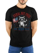Feral But Free Raccoon American Flag Patriotic Tshirt - model wearing black tee with hands behind back