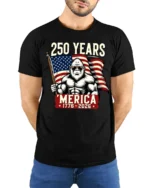 Patriotic Gorilla American Flag 250 Years ‘Merica Tshirt - model wearing black tee with hands behind back