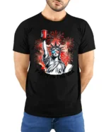Festive Lady Liberty Red Solo Cup Patriotic Holiday Tee - model wearing black tee with hands behind back