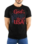 Patriotic God Bless The USA Lady Liberty Graphic Tshirt - model wearing black tee with hands behind back