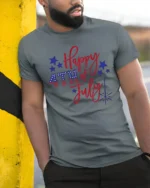 Festive Happy 4th Of July Script Font Sparkler Graphic Tee - model wearing grey tee, leaning on column
