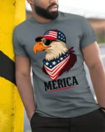Patriotic Aviator Bald Eagle Merica USA Flag Graphic Tee - model wearing grey tee, leaning on column