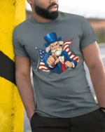 Iconic Uncle Sam Wants You Patriotic Flag Graphic Tshirt - model wearing grey tee, leaning on column