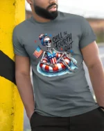 Chill Fourth Out Skeleton Pool Float Patriotic Graphic Tee - model wearing grey tee, leaning on column