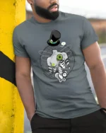 Steampunk Dragonfly Skeleton Top Hat Pocket Watch Tshirt - model wearing grey tee, leaning on column