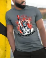 Festive Lady Liberty Red Solo Cup Patriotic Holiday Tee - model wearing grey tee, leaning on column