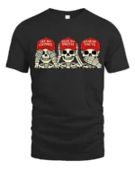 Politically Satirical Skeleton Wise Monkey Mocking Graphic Tee - black t-shirt on white background