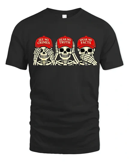 Politically Satirical Skeleton Wise Monkey Mocking Graphic Tee - black t-shirt on white background