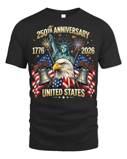 Majestic Bald Eagle Statue Of Liberty 250th Anniversary Tee - black t-shirt on white background
