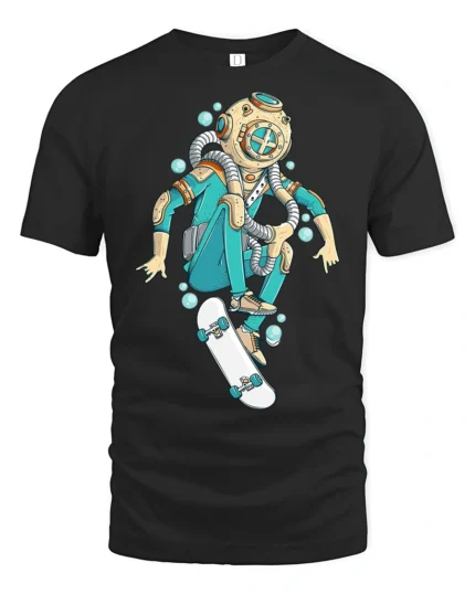 Deep Sea Explorer Skateboarder Diving Helmet Graphic Tee - black t-shirt on white background