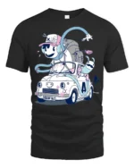 Whimsical Animated Character Vintage Car Road Trip Tshirt - black t-shirt on white background